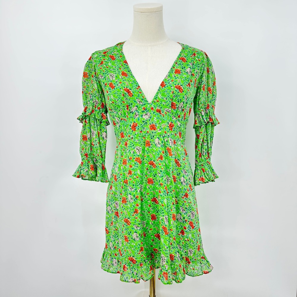 Banjanan Floral Masie Babydoll Mini Dress‎ XS Green Regency Y2K Coquette Hippie